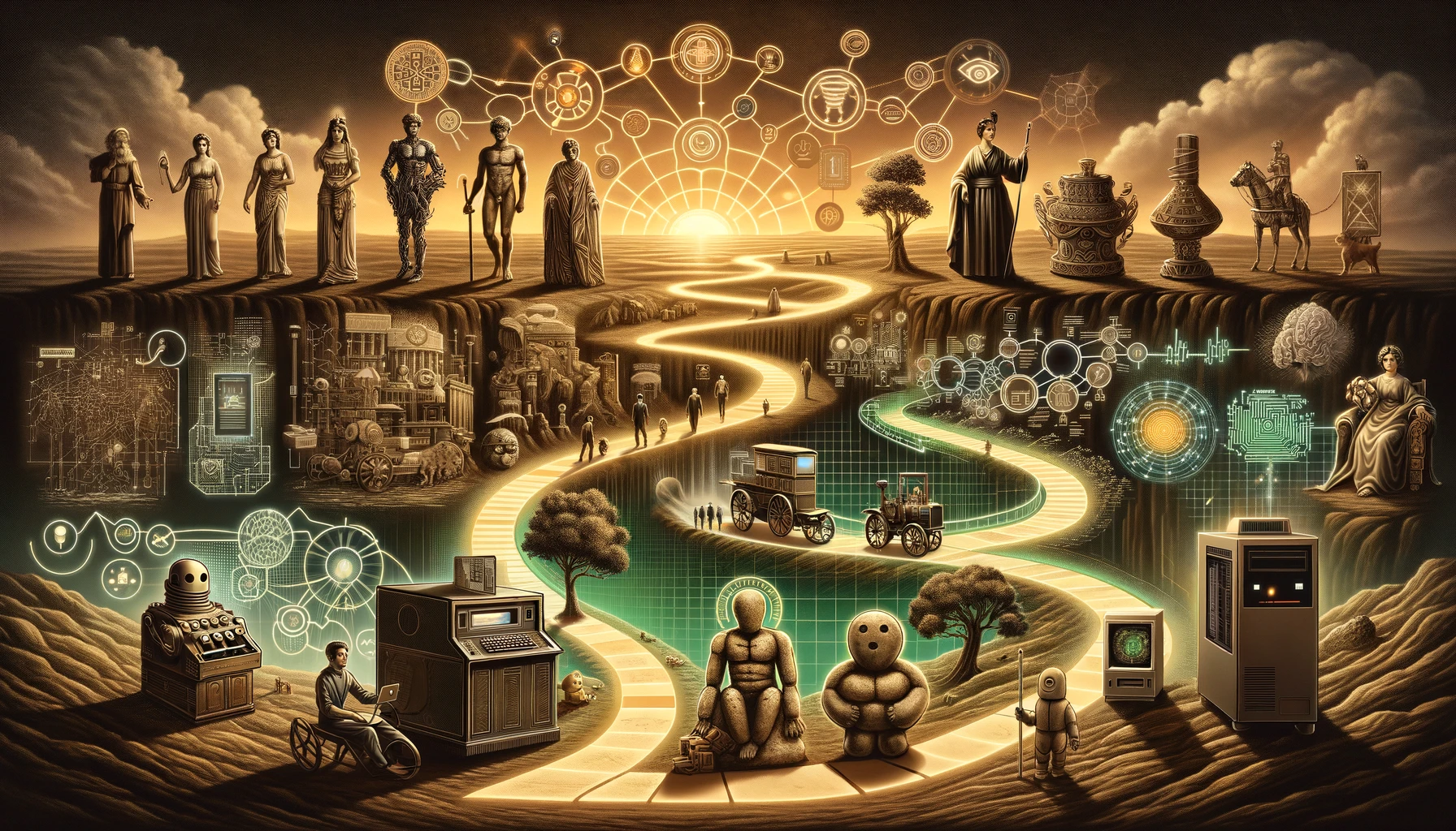 dall·e 2024 03 13 14.46.12 a visual timeline highlighting key milestones in the history of artificial intelligence, starting from ancient myths of mechanical beings like talos a