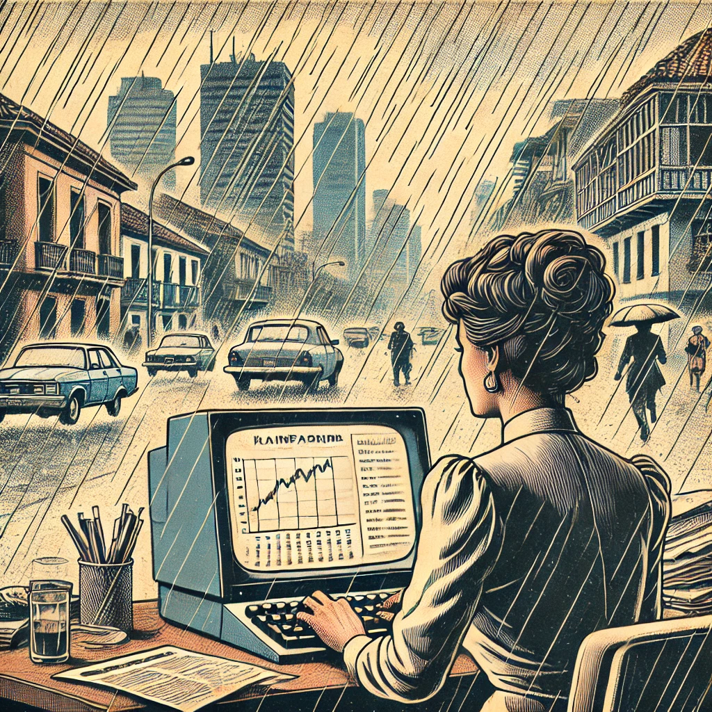 a rainy city street scene in colombia, seen in the background with rain pouring down. in the foreground, a woman sits at a desk, viewing rainfall data. Descargar datos de lluvia de Colombia